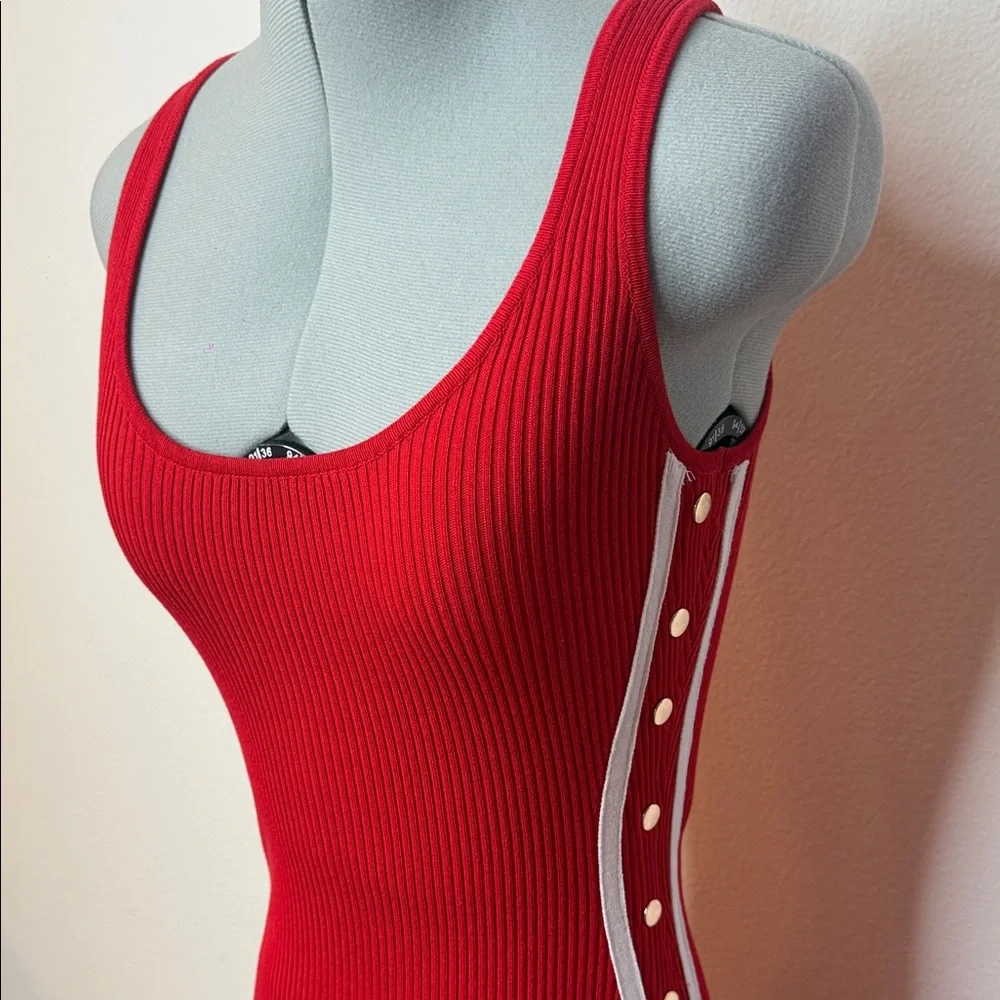 HERA Red Ribbed Bodycon Dress Side Slits Cutout Sporty Casual Athleisure S - Picture 4 of 7